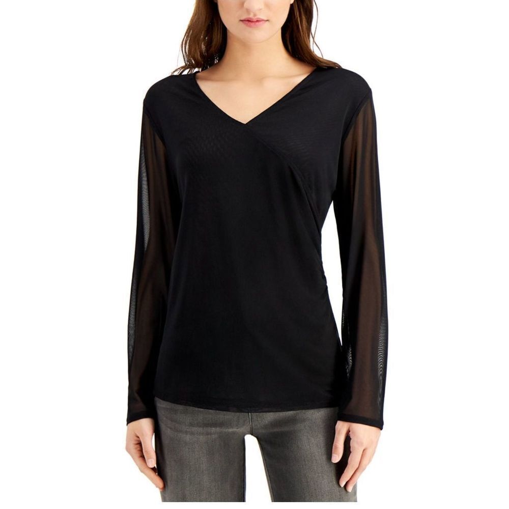 Willow Drive Mesh-Sleeve Wrap Top Black S